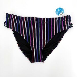 Decree Womens XL High Rise High Leg Bikini Bottom Glow Stick Stripe Black New